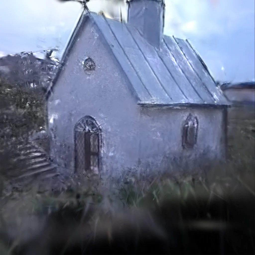 Soft-edged 3D reconstruction of a small church made from low-resolution VHS footage.