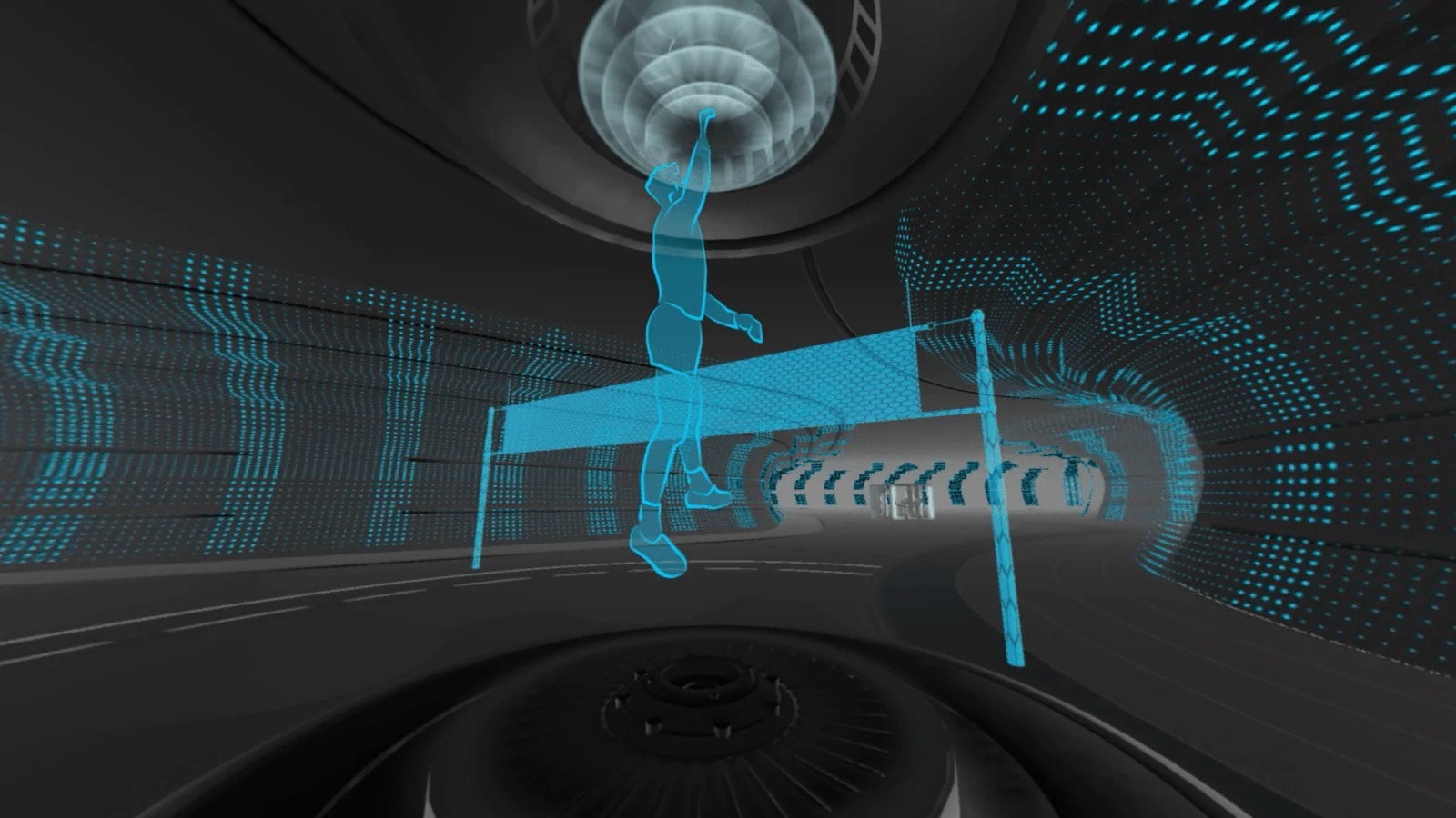 Blue digital runner above a hurdle inside the ASICS Virtual Innovation Lab.