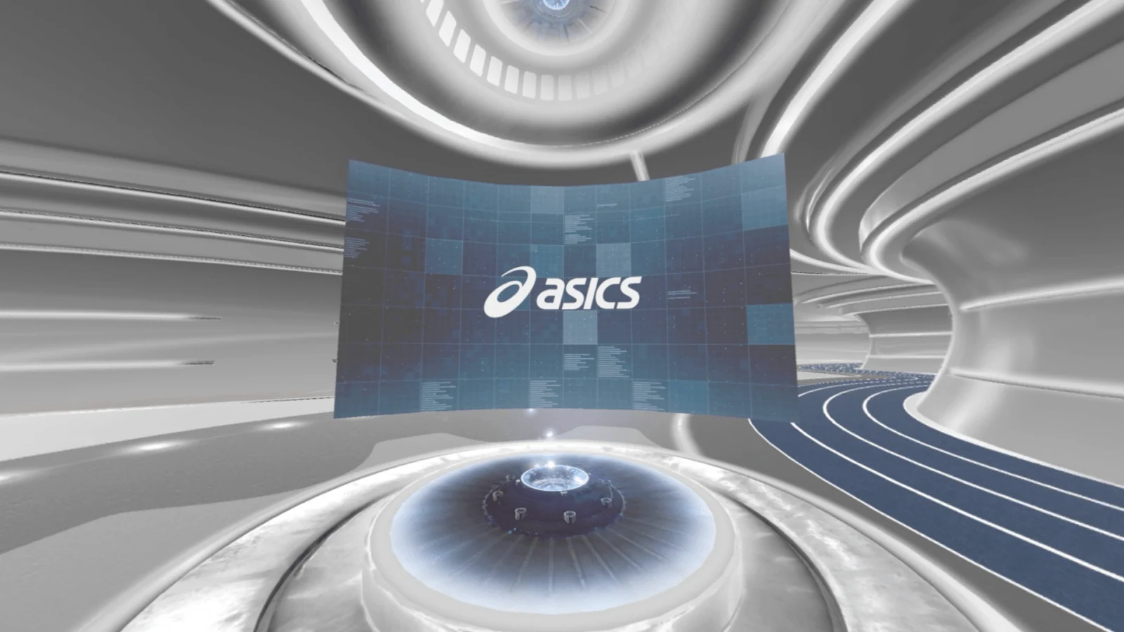 ASICS logo on a suspended blue panel inside a silver virtual showroom.