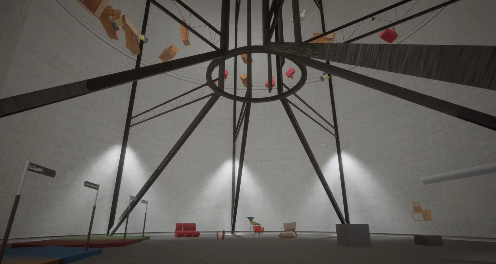 Tall virtual gallery with exposed structural beams and chairs arranged around its walls.