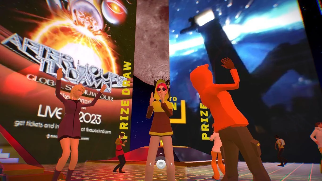 Dancing avatars and concert graphics inside the Enter The Dimension virtual experience.