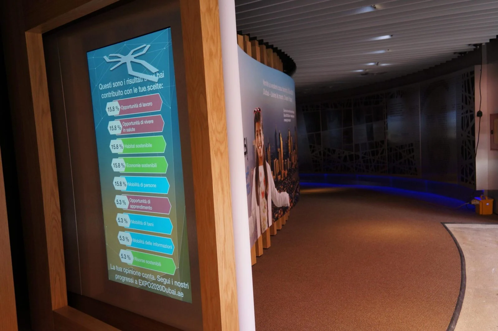 Tall interactive display beside the curved visitor route inside the Dubai Expo Milan pavilion.