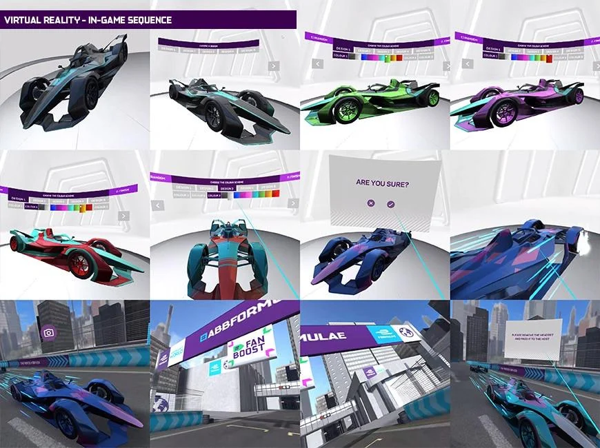 Design board showing virtual race cars, colour choices and interface screens for Formula E VR.