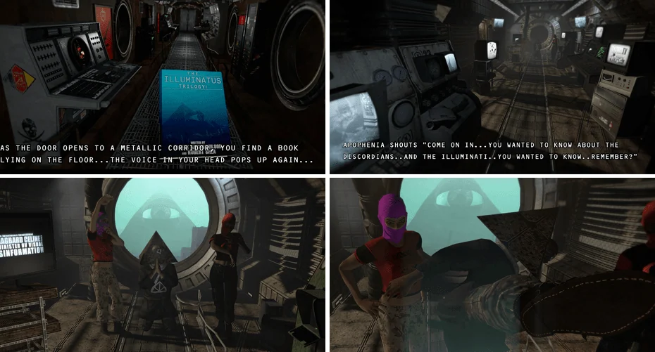 Four Illuminatus VR scene stills showing a dim control room, machinery and characters.