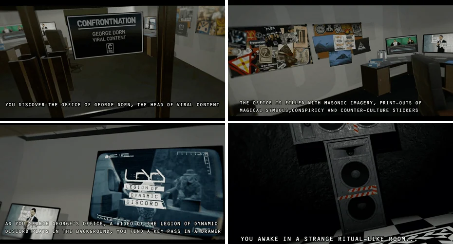 Illuminatus VR scene board showing a doorway, office walls, a screen and a dark interior.