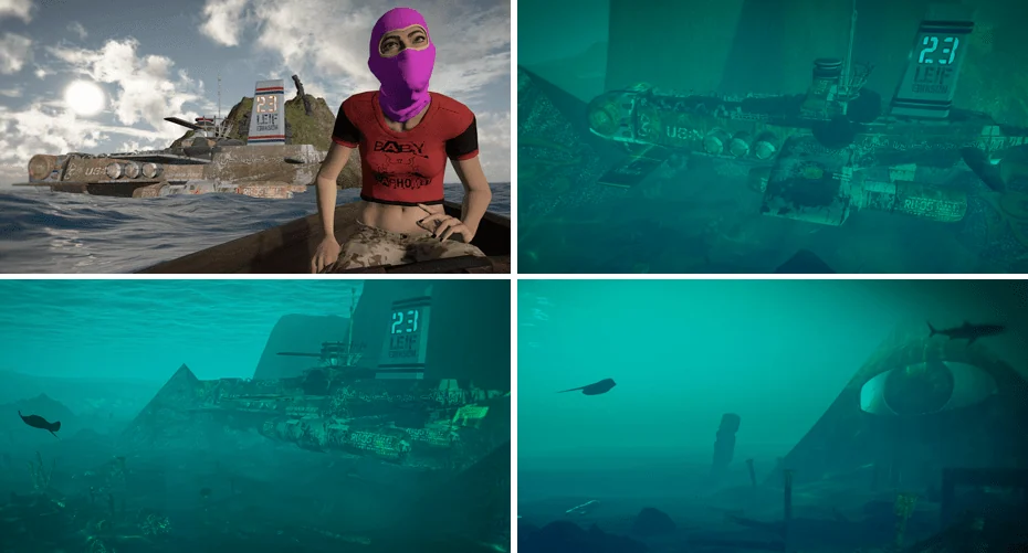 Illuminatus VR stills showing a masked character in a boat and underwater structures.