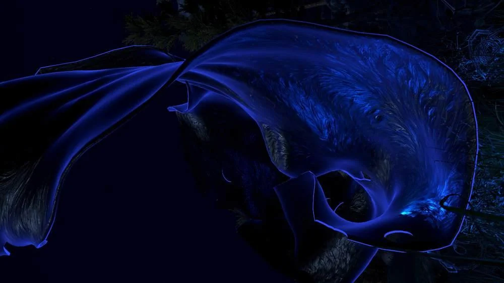 Close-up of a translucent blue digital face in the Nightss VR animation.
