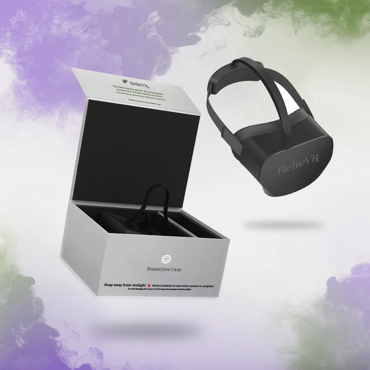RelieVRx headset beside its open product box on a soft green and purple background.