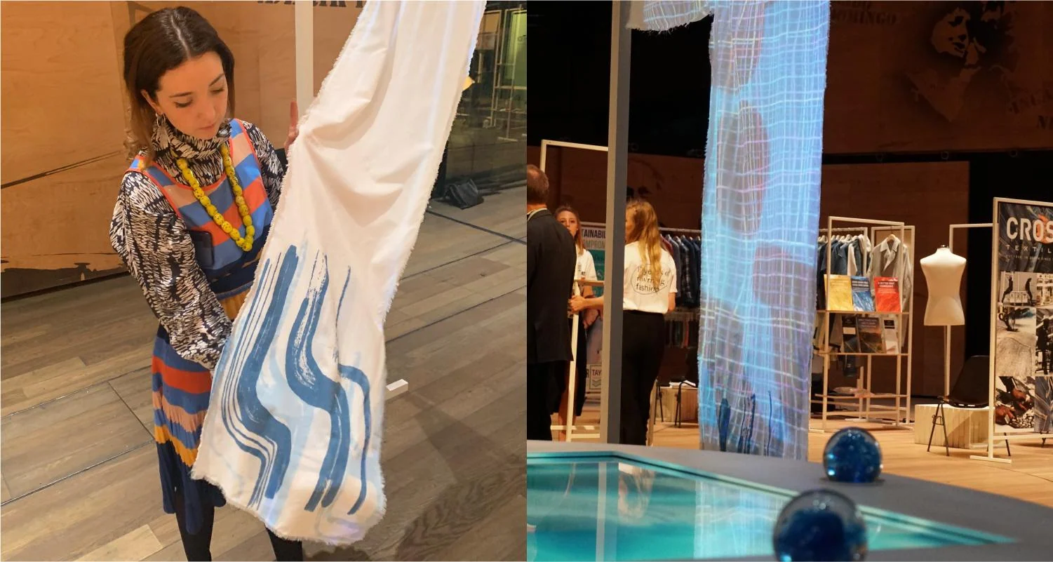 WaterAid installation views showing a patterned garment and a projected wireframe figure beside the table.