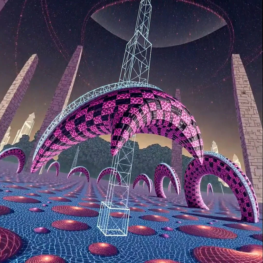 Pink dolphin-shaped structures suspended above a patterned floor in an AI-generated 360-degree environment.