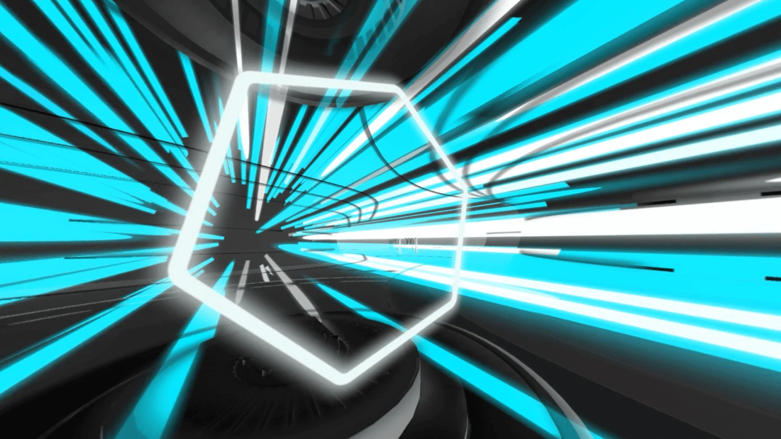 Turquoise light trails and a glowing polygonal portal inside the ASICS virtual environment.