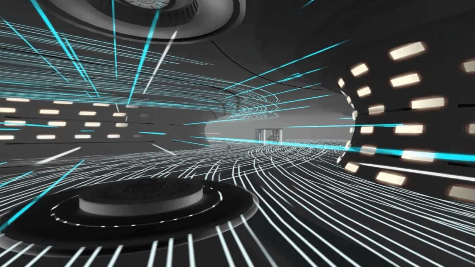 Curved white and turquoise motion trails surrounding a platform in the ASICS virtual showroom.