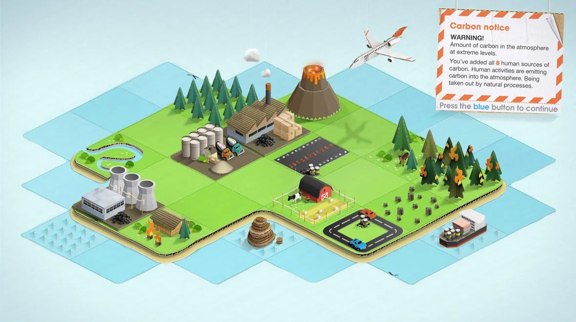 Carbon Cycle game landscape with factories, a runway, forest and a carbon notice panel.