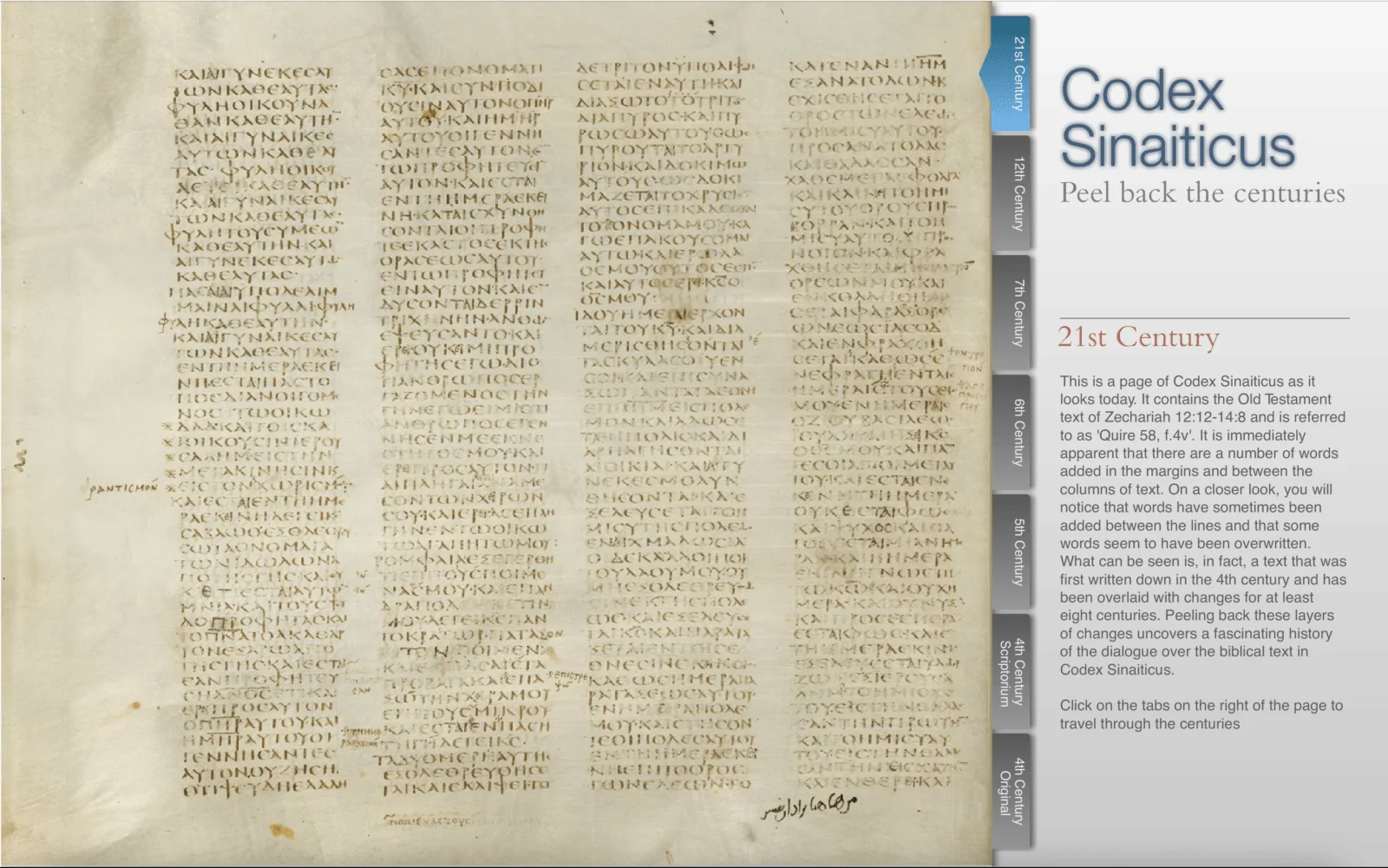 Digitised manuscript page beside the Codex Sinaiticus interface and its 21st-century information panel.