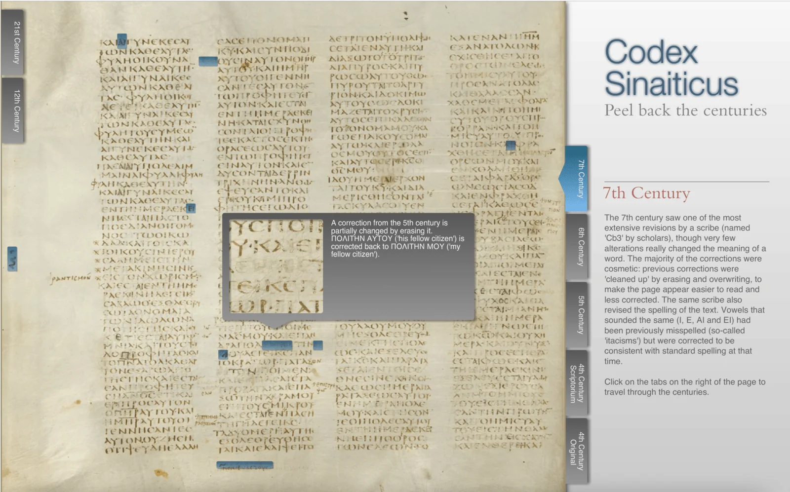 Highlighted manuscript passage in the Codex Sinaiticus interface with a seventh-century information panel.