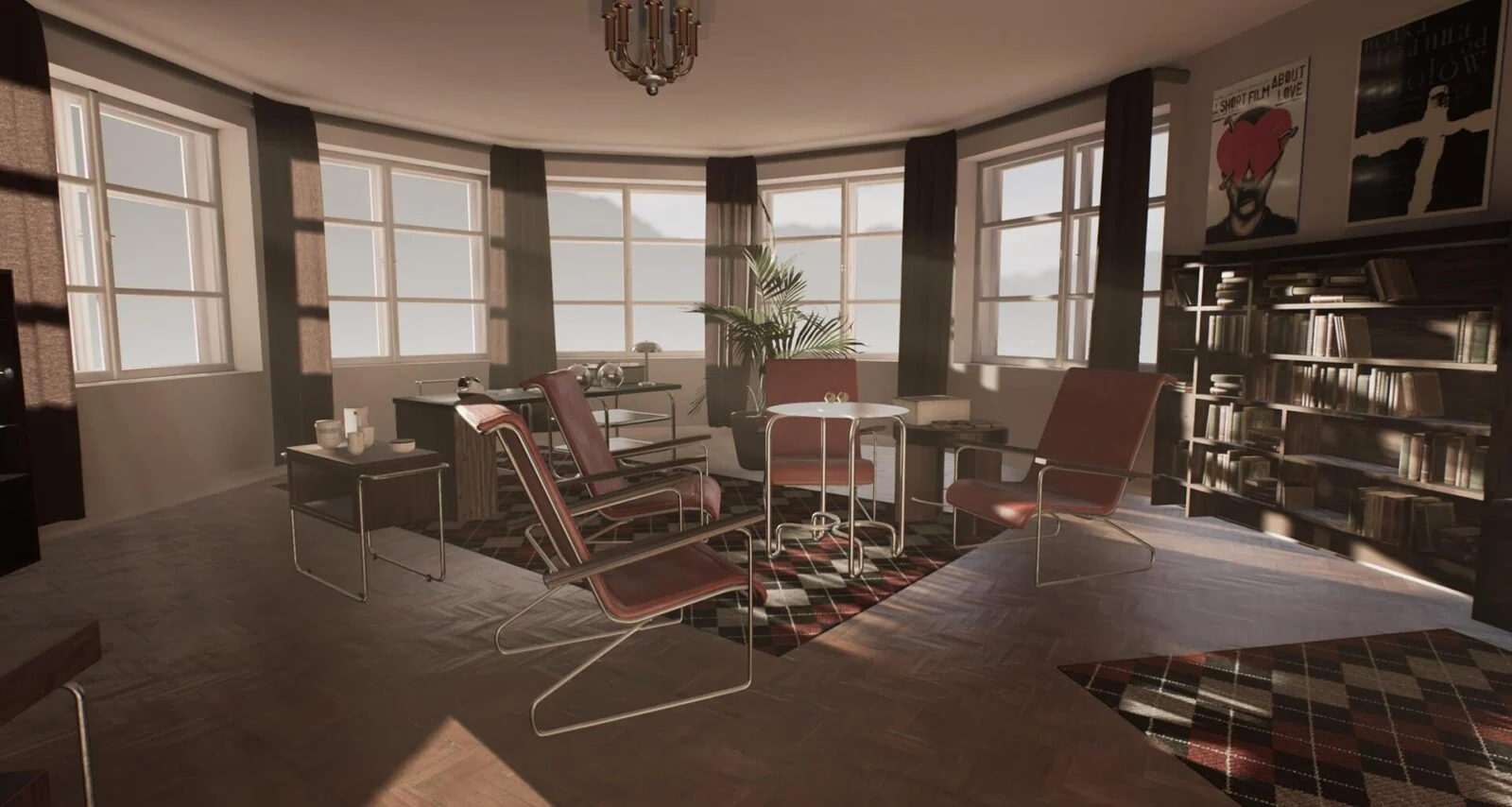 Furnished virtual room with large windows, chairs, bookshelves and framed posters in The Curator.