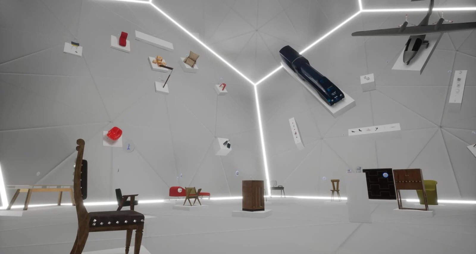 Polish design objects suspended inside a white geometric room in The Curator VR experience.