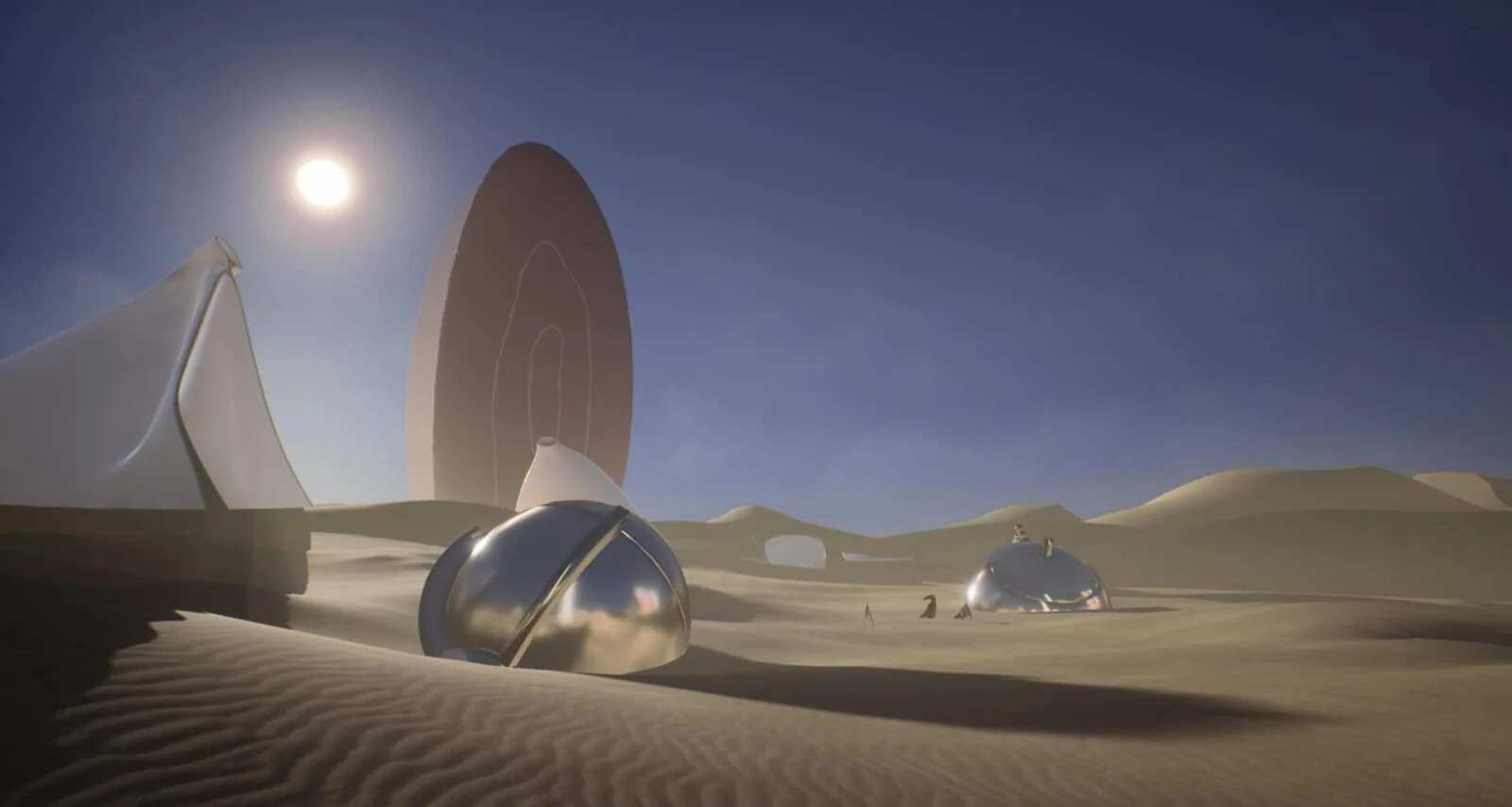 Reflective sculptural objects and a tall oval structure in a sunlit virtual desert.