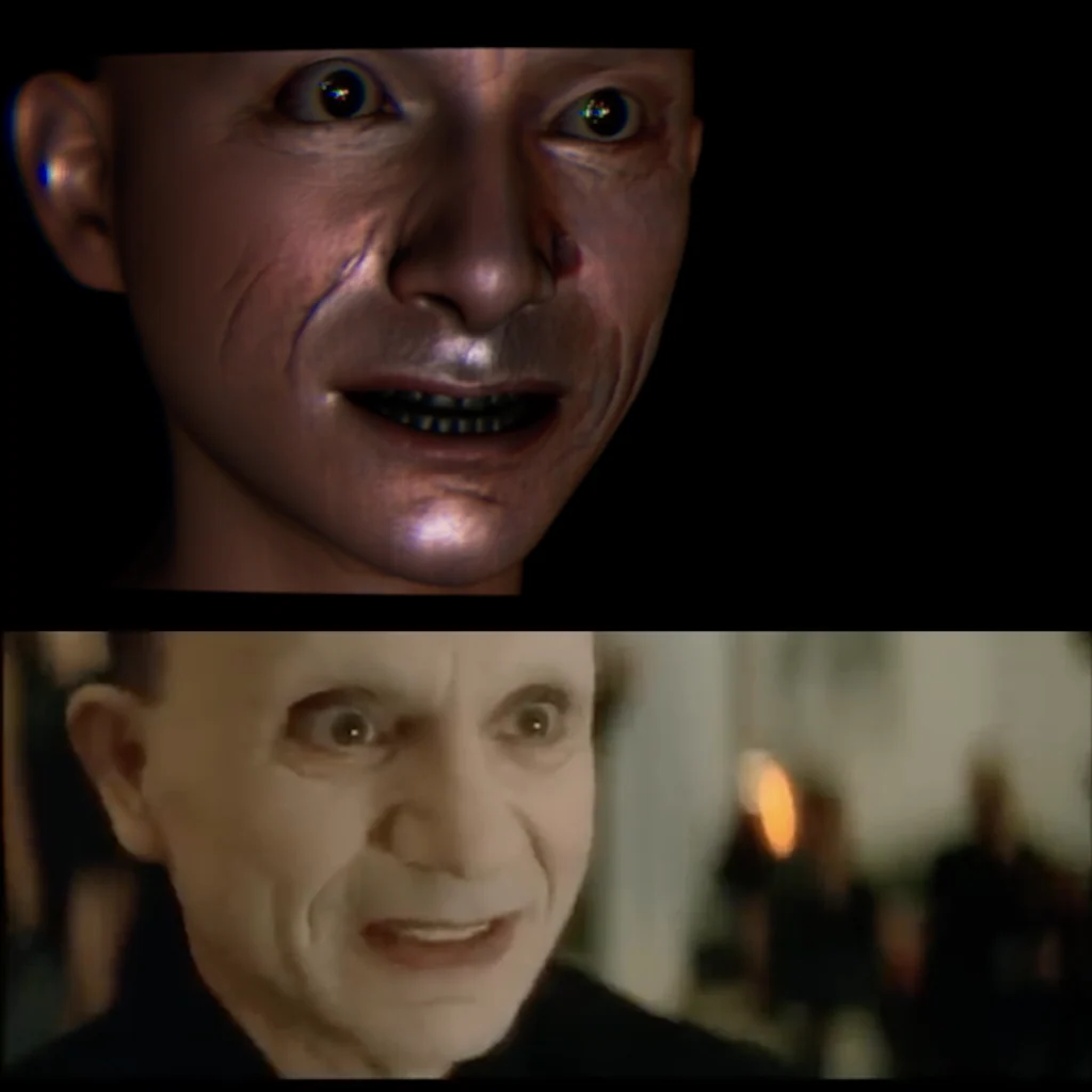 Comparison of an AI-generated digital face and the corresponding character in a Lost Highway film still.