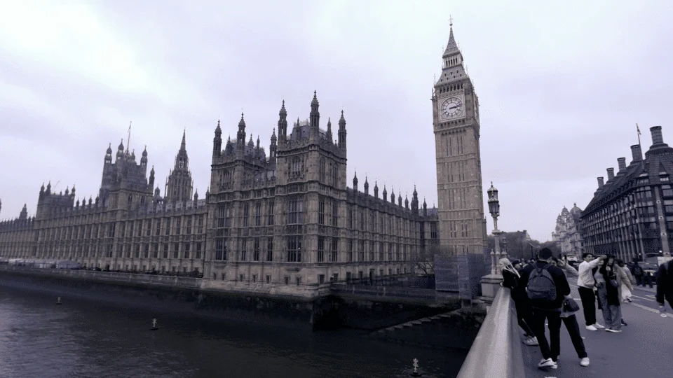 The Houses of Parliament and Elizabeth Tower seen from Westminster Bridge.