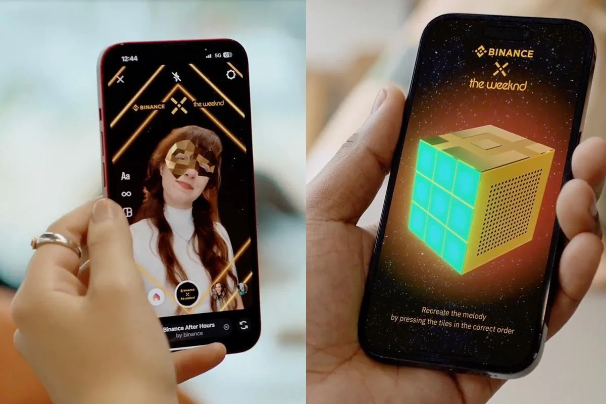 Two smartphones showing a concert camera effect and a colourful virtual cube puzzle.
