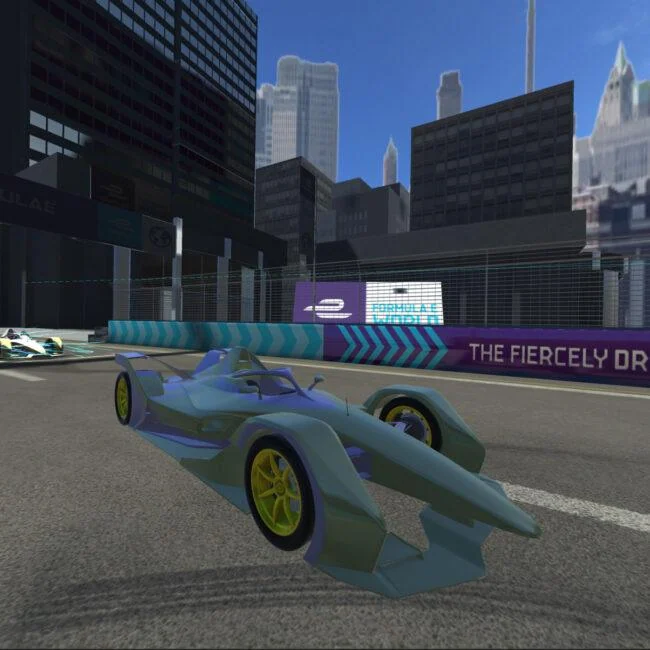 Futuristic racing car on a city circuit in the Formula E VR experience.
