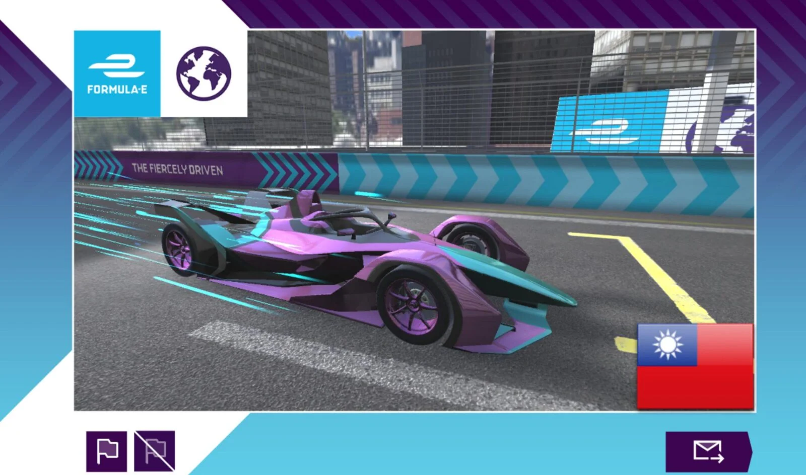 Purple and turquoise Formula E virtual racing car displayed on a city track.
