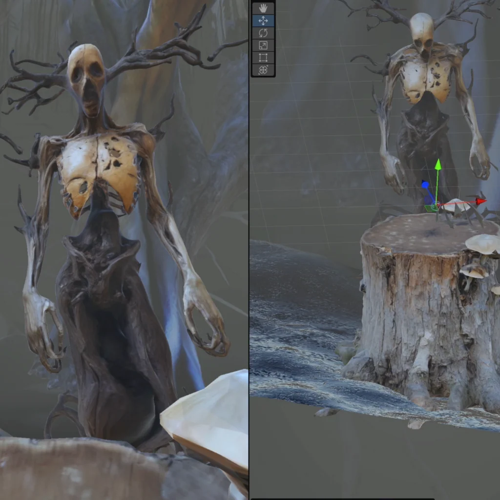 A skeletal fantasy character beside its 3D editor view in a generative AI environment prototype.