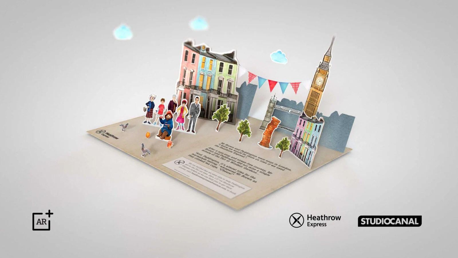 Paddington-themed pop-up London scene with colourful houses, characters and Big Ben.