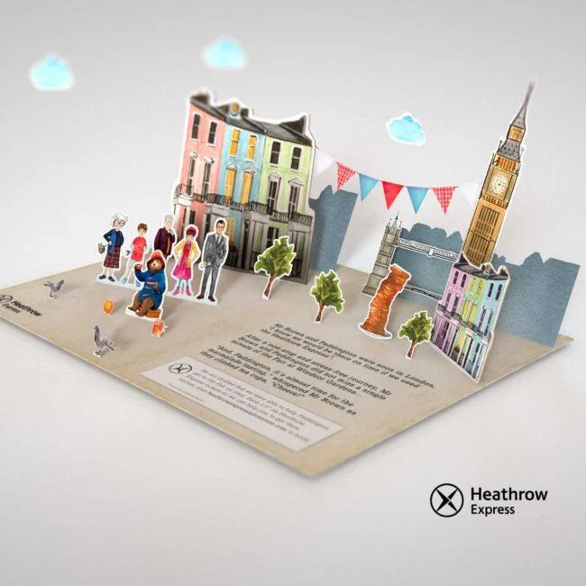 Paper-style London scene with Paddington, townhouses and Big Ben for Heathrow Express AR.