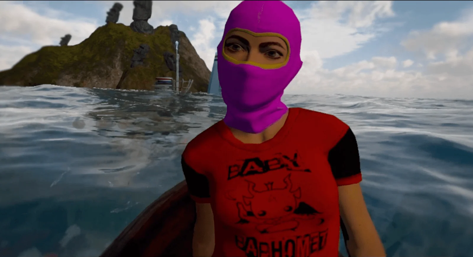 Virtual character in a pink balaclava and red shirt sitting in a boat near an island.