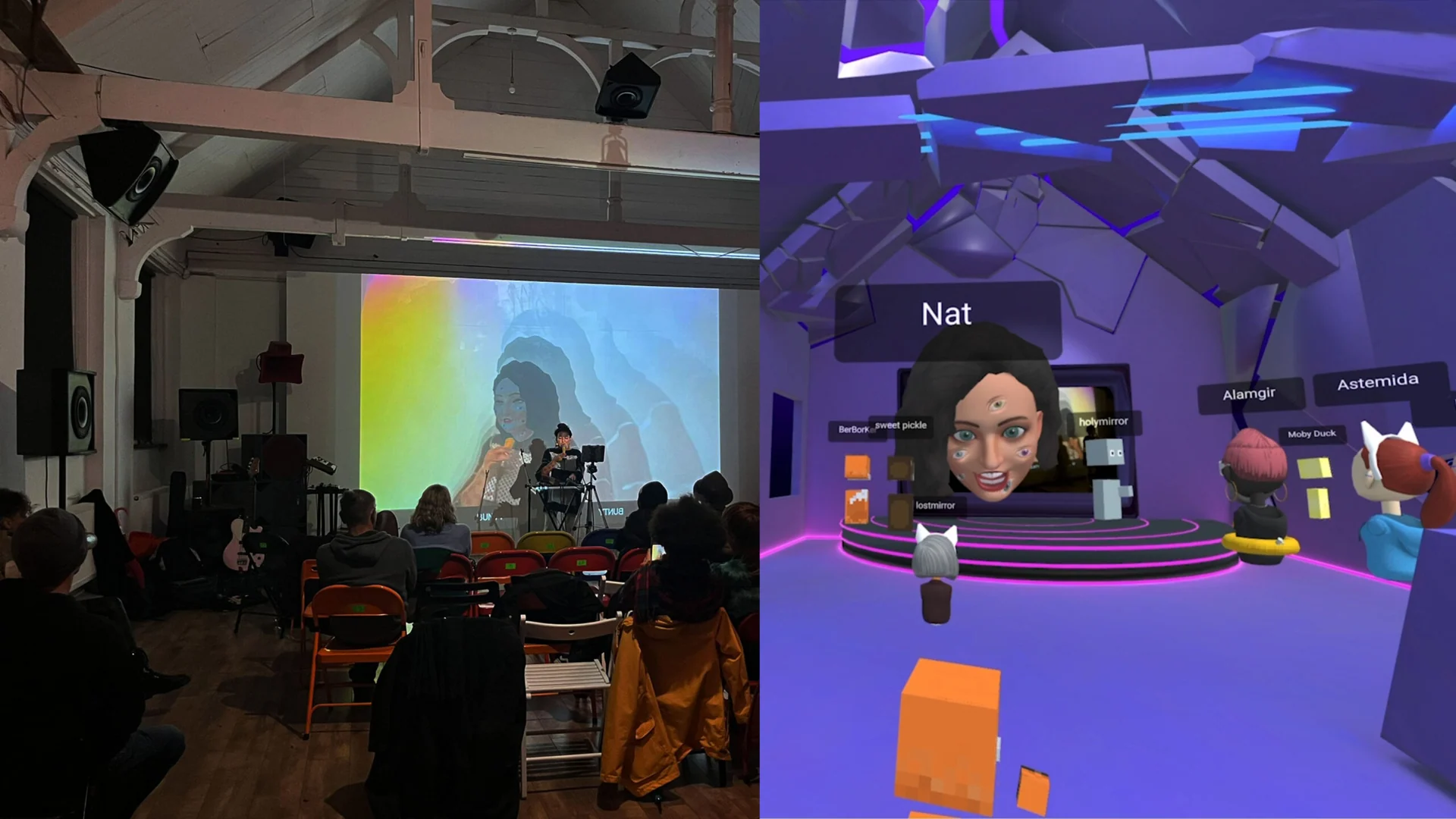 Side-by-side views of a live Metamirror audience and avatars in the accompanying virtual venue.