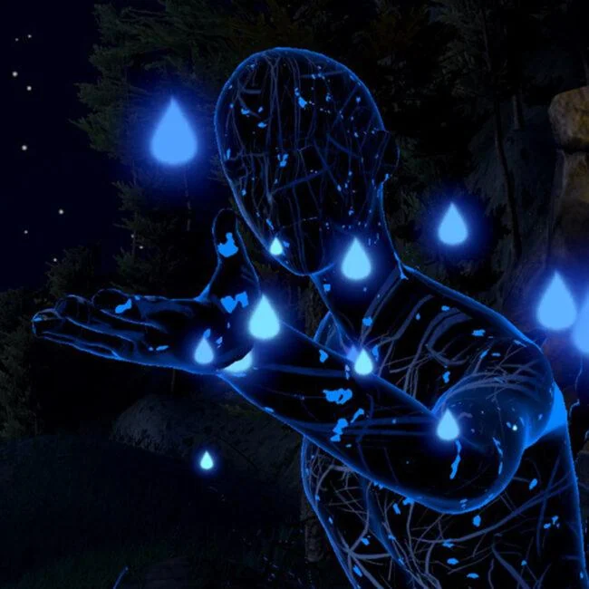 Glowing blue wireframe figure surrounded by suspended droplets in Nightss VR.