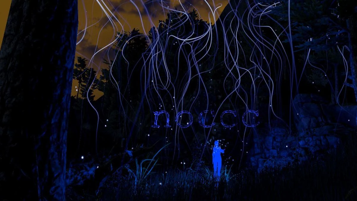 Luminous strands hanging over a small blue figure in a dark Nightss virtual forest.