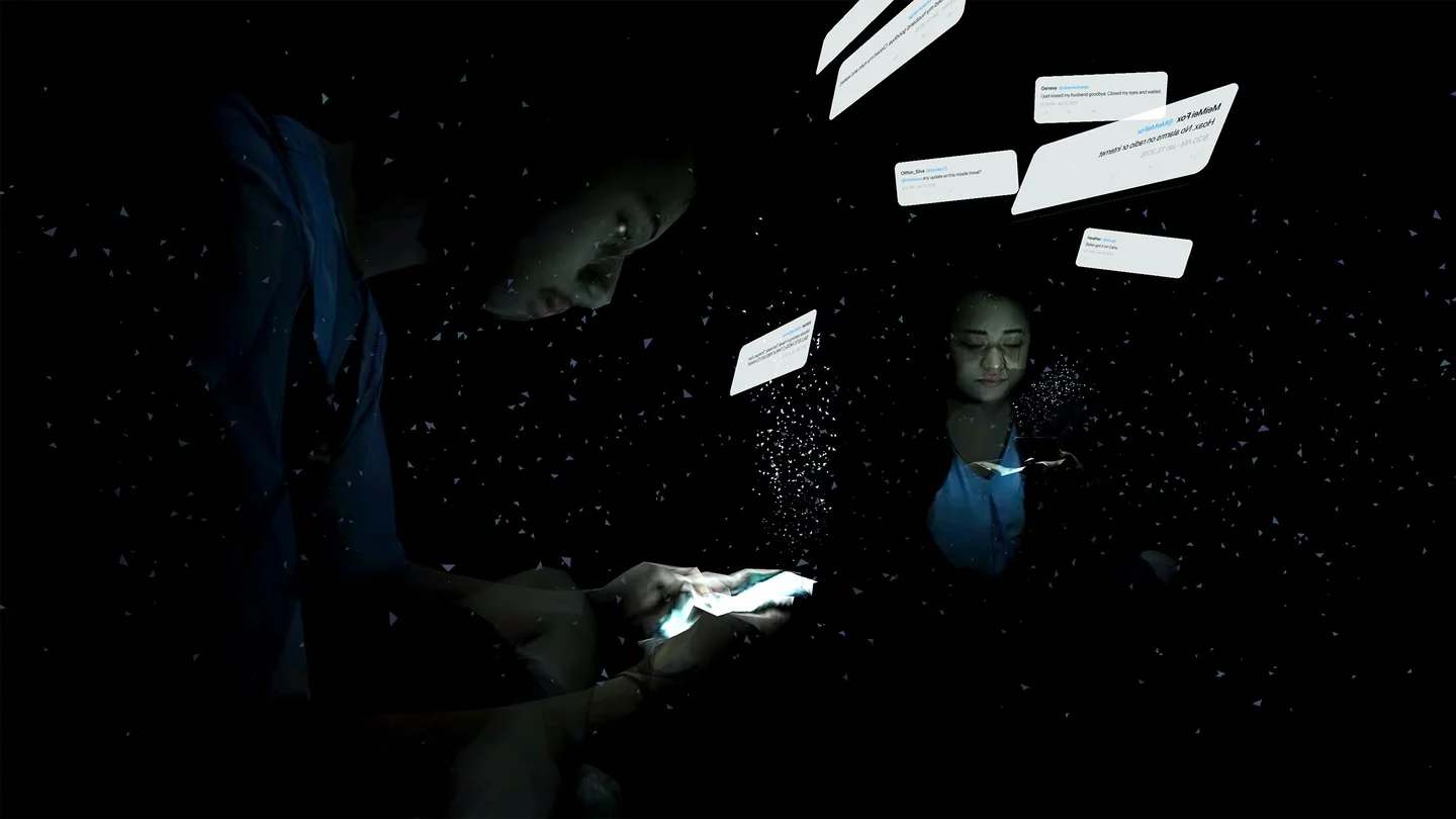 Figures illuminated by a phone beneath floating message panels in On the Morning You Wake.
