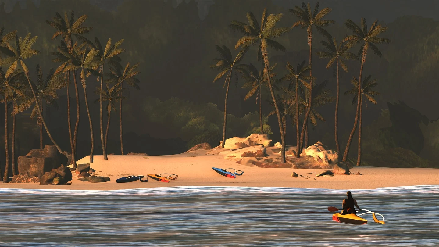 Virtual tropical beach with palm trees and a person on a small watercraft.