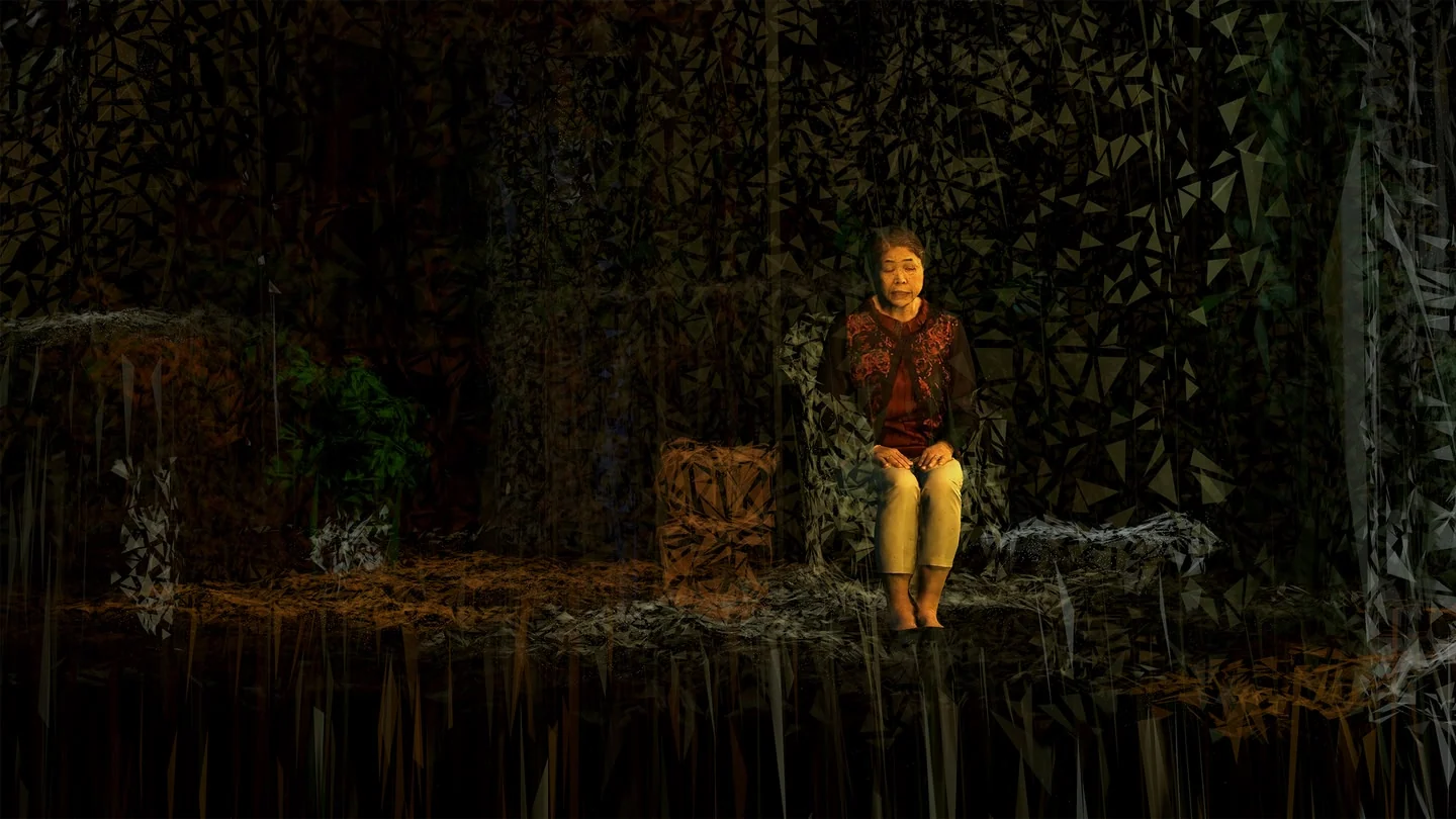 Reconstructed seated figure inside a dark, textured forest environment.