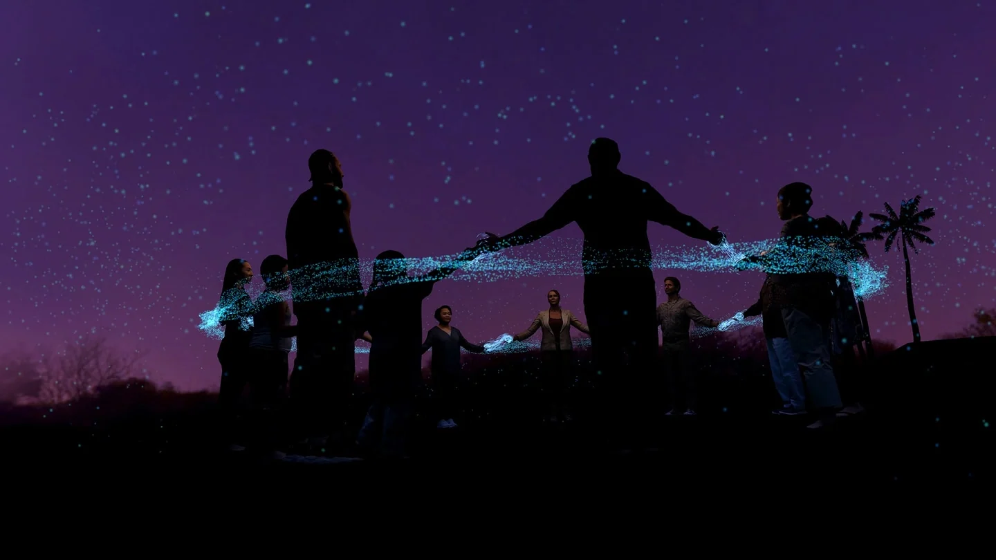 Silhouetted figures holding hands beneath a purple sky and a blue particle trail.