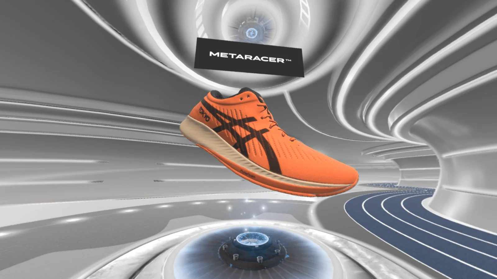 Orange ASICS METARACER running shoe floating inside a futuristic virtual showroom.