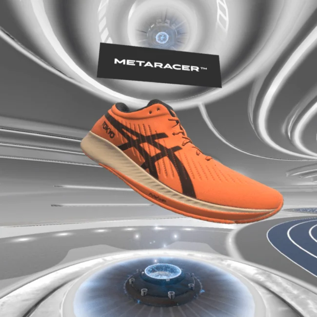 Orange ASICS METARACER running shoe floating inside a futuristic virtual showroom.