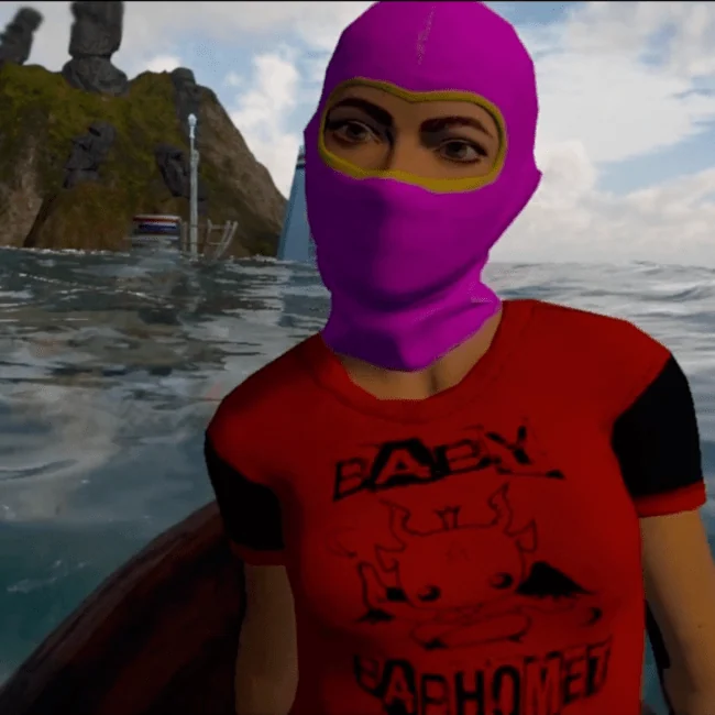 Virtual character in a pink balaclava and red shirt sitting in a boat near an island.