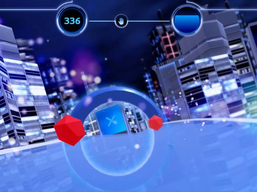 Blue futuristic city game scene with a transparent sphere, red obstacles and a score display in Neon Run VR.