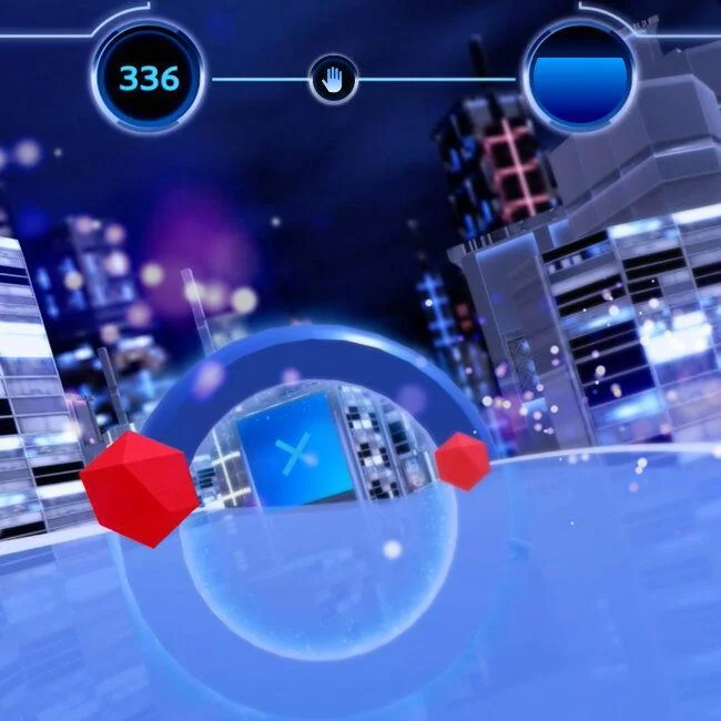 Blue futuristic city game scene with a transparent sphere, red obstacles and a score display in Neon Run VR.