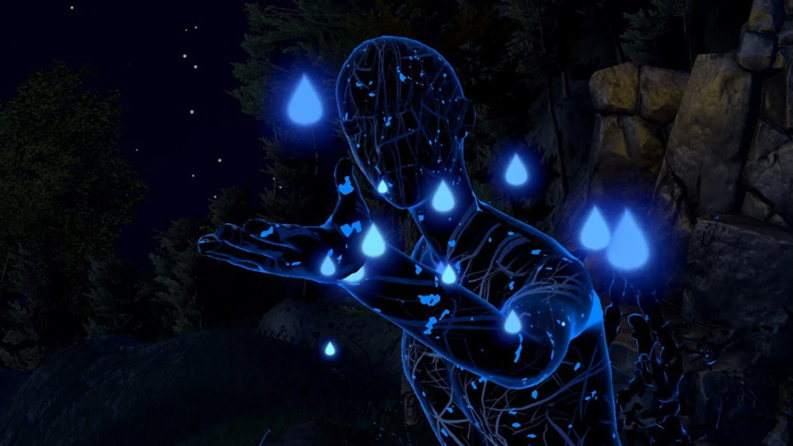 Glowing blue wireframe figure surrounded by suspended droplets in Nightss VR.