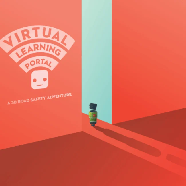 Small character in a red virtual corridor labelled Virtual Learning Portal.