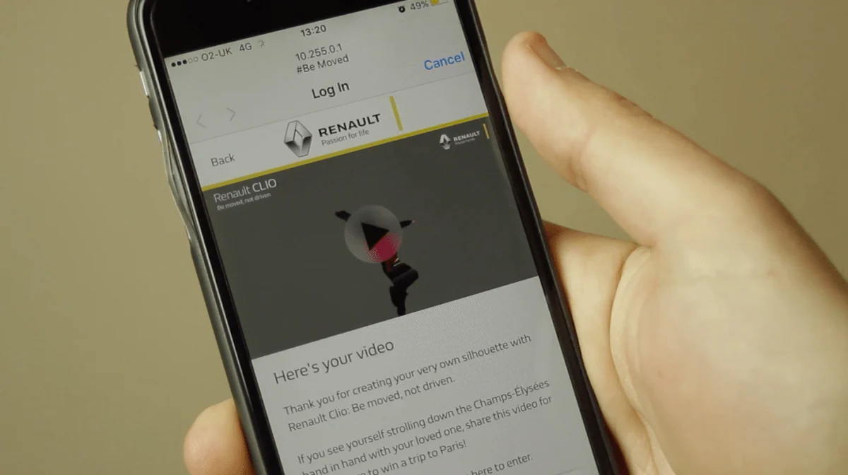 Smartphone displaying a personalised Renault video email.
