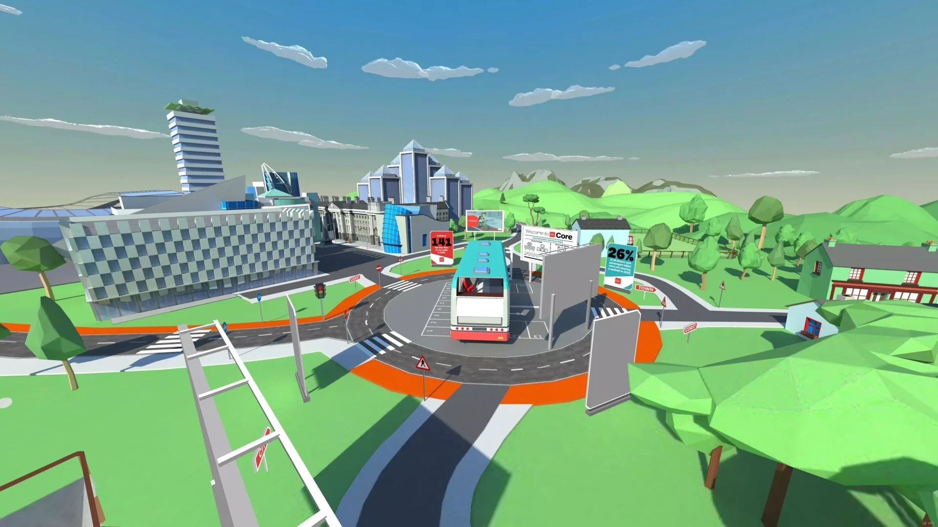 Low-poly town with roads, a roundabout and green hills in the RSA road safety experience.