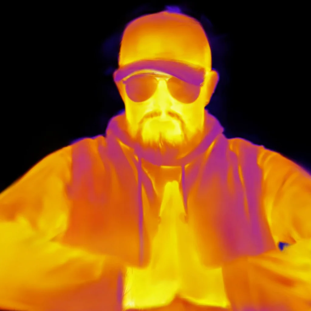 Orange and yellow thermal portrait with purple outlines against black.