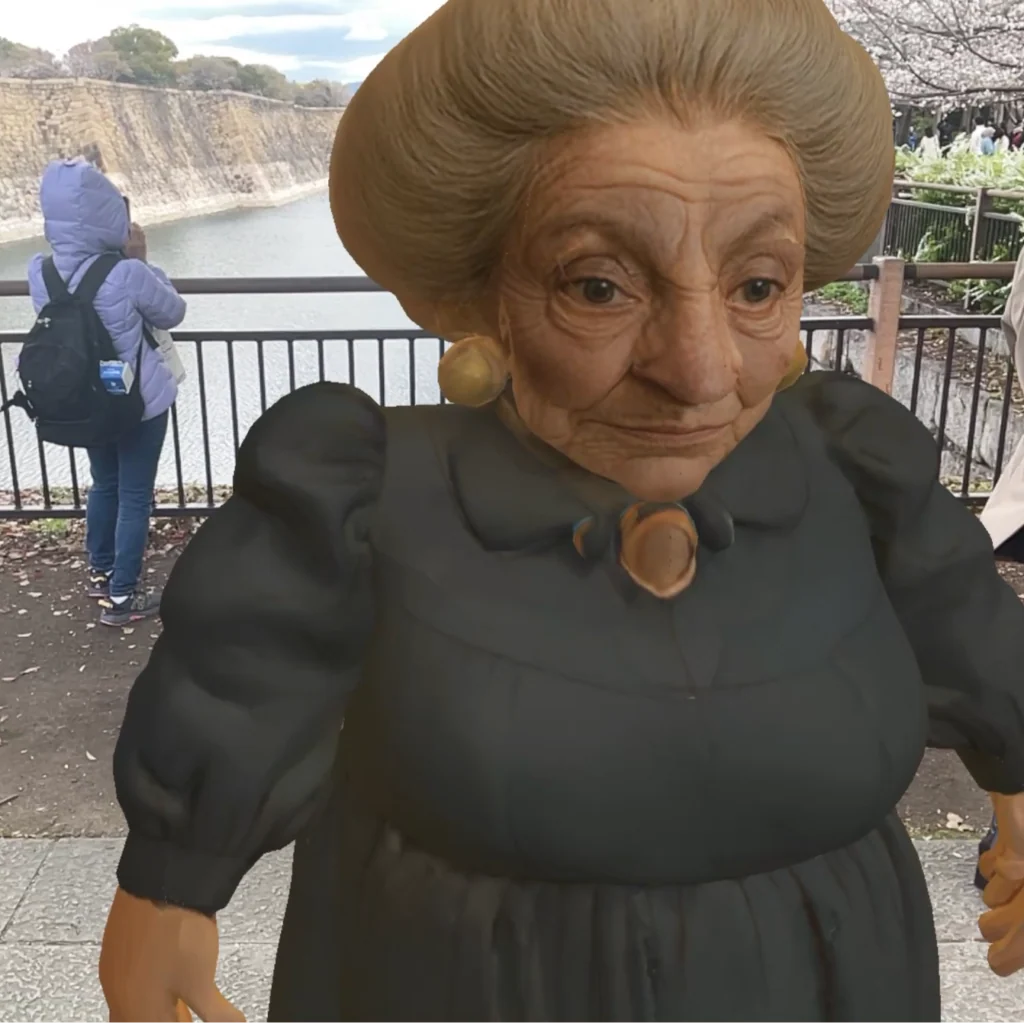 Yubaba-inspired mixed reality avatar in a dark dress, standing beside an outdoor railing.